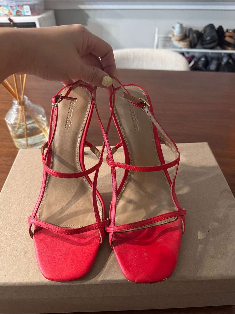 Reformation Red Strappy Square-Toe Heels